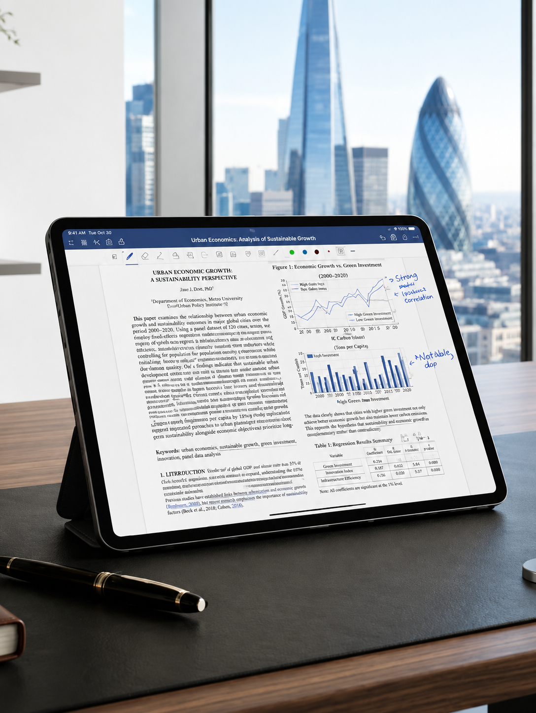 Tablet displaying a manuscript on a desk by a window