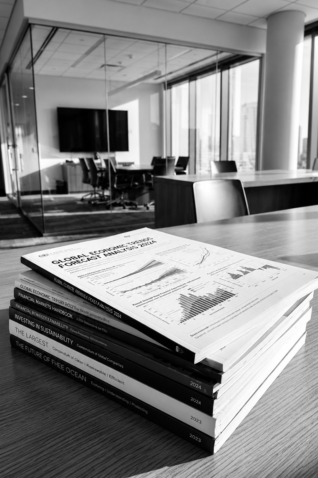 Grayscale photograph of a stack of academic journals on a desk